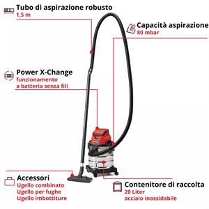 BIDONE ASPIRATUTTO A BATTERIA EINHELL - ASPIRALIQUIDI E SOLIDI - TC-VC 18/20 Li - SOLO in Utensileria