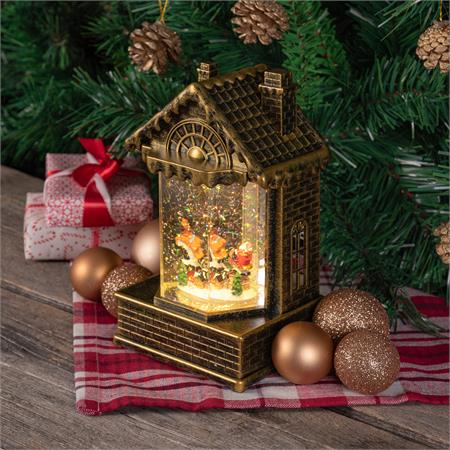 casetta natalizia a batteria brunita con glitter musica e led bianco caldo