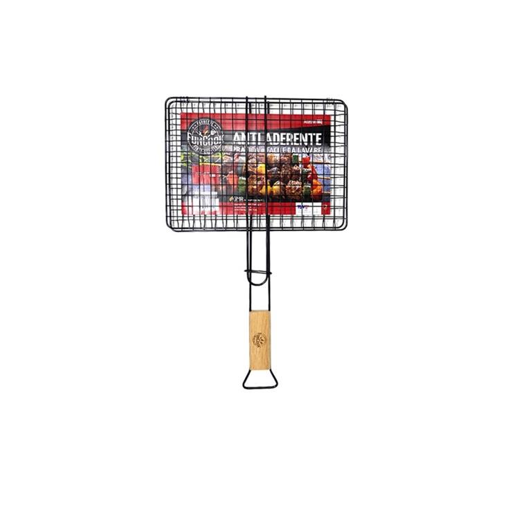 GRIGLIA ANTIADERENTE A RETE - GRATICOLA DOPPIA INCROCIATA CON MANICO IN LEGNO - 27x37 CM