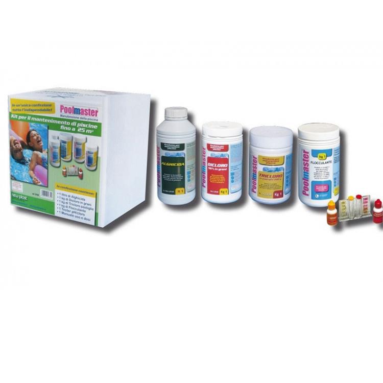 KIT PULIZIA PISCINA CON ANTIALGHE, DICLORO, TRICLORO, FLOCCULANTE, TESTER PH/CLORO - POOLMASTER MAINTAIN KIT
