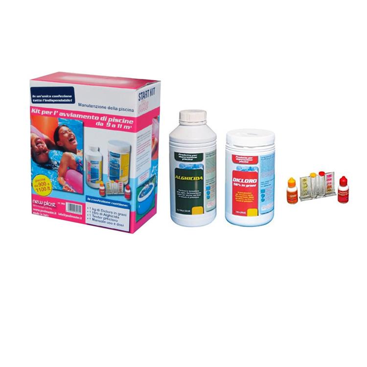 KIT PULIZIA PISCINA CON ANTIALGHE, DICLORO, TESTER PH/CLORO - POOLMASTER ELITE