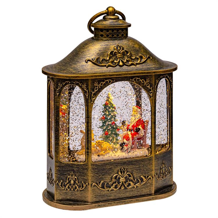 LANTERNA NATALIZIA A BATTERIA - ESAGONALE - BRUNITA - CON GLITTER - LED BIANCO CALDO