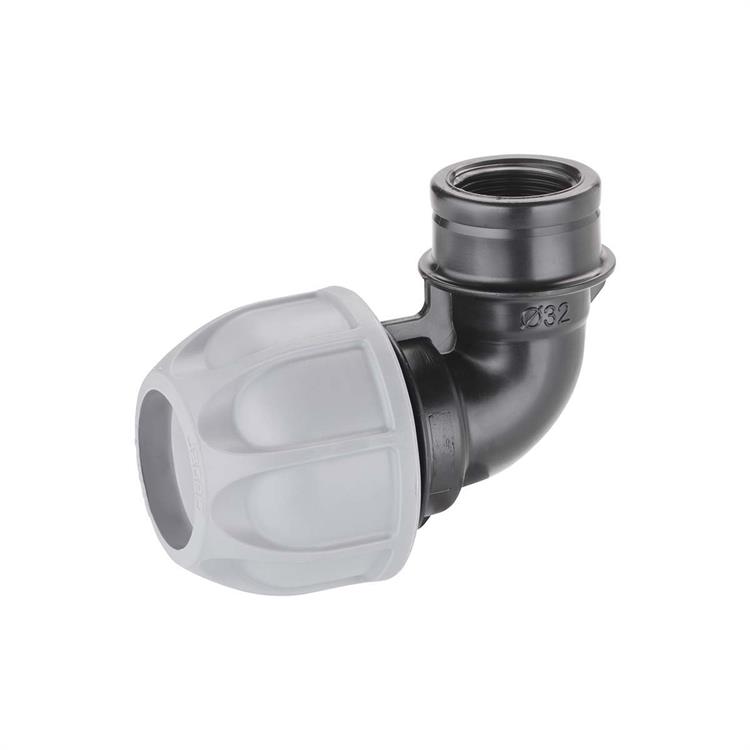 RACCORDO A GOMITO DIAMETRO 32 MM. FILETTO ¾ F”  PER COLLEGARE UN MICROIRRIGATORE A SCOMPARSA A FINE LINEA