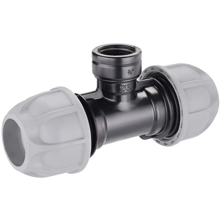 RACCORDO A T DIAMETRO 32 MM. FILETTO ¾ F” PER COLLEGARE UN MICROIRRIGATORE A SCOMPARSA A FINE LINEA