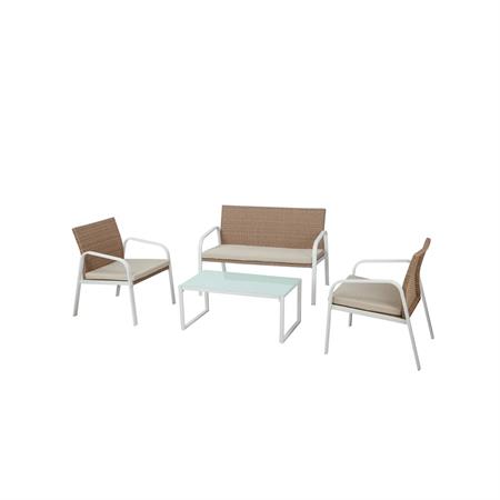 salotto da giardino in polyrattan e acciaio madeira miele e bianco con cuscini