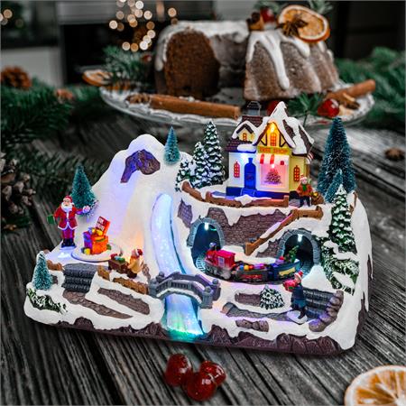 villaggio trenino rotante con ruscello giochi di luce e musica led 30x19cm
